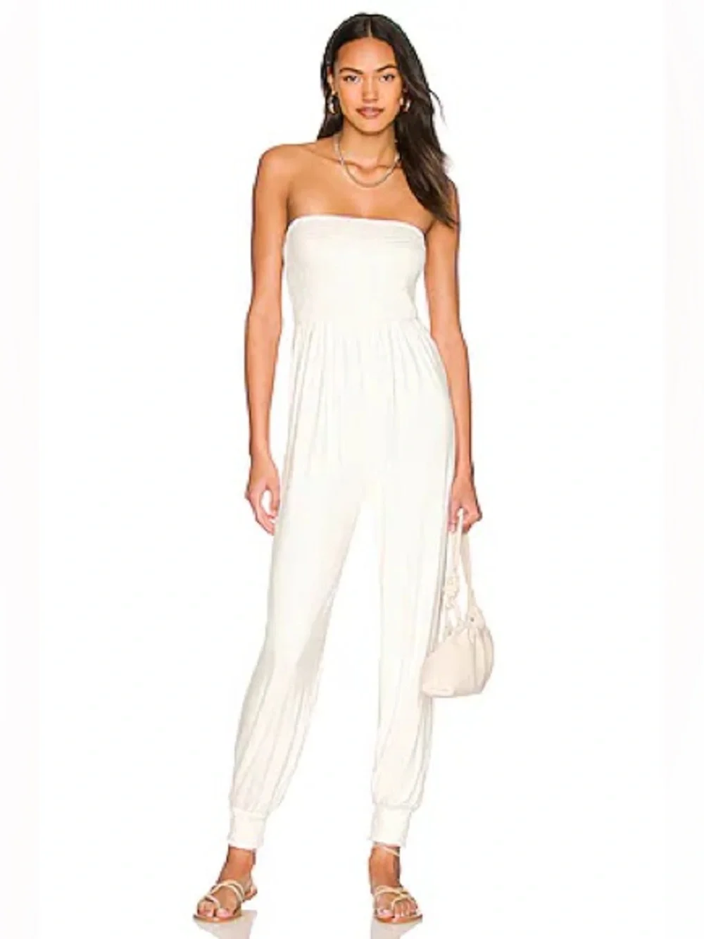 Lovers + Friends Monica Smocked Strapless Jumpsuit XS White Bridal Bachelorette